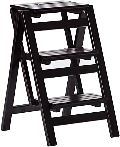LWJQRSP Folding 3-Step Ladder Stool, Multifunction Wood Step Stool, 3-in-1 with Ladder, Stool and Storage Shelf, (A)