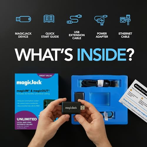 magicJack VOIP Phone Adapter - Unlimited Calls to US & Canada, No Monthly Bill, Portable Internet Phone with App, magicIN™ & magicOUT™ Service