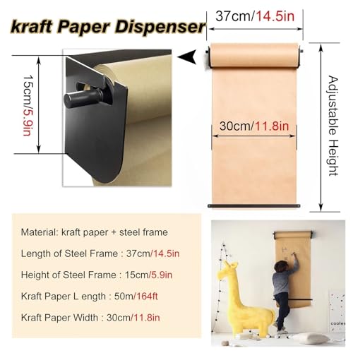 Brown Kraft Paper Roll 14 26 38 50 Inch Wide Holder, Cafe/Restaurant Paper Roll Dispenser with Cutter for Menu Notes, Wall Mounted Note Paper Roll Vertical(Frame Wide-37cm(14 3/5in))
