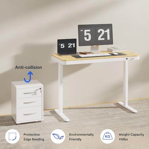 FLEXISPOT Comhar 48" Electric Standing Desk with Drawers, USB Charging Ports, Quick Assembly, Height Adjustable Sit Stand Computer Desk with Child Lock for Scandinavian Home Office, Maple