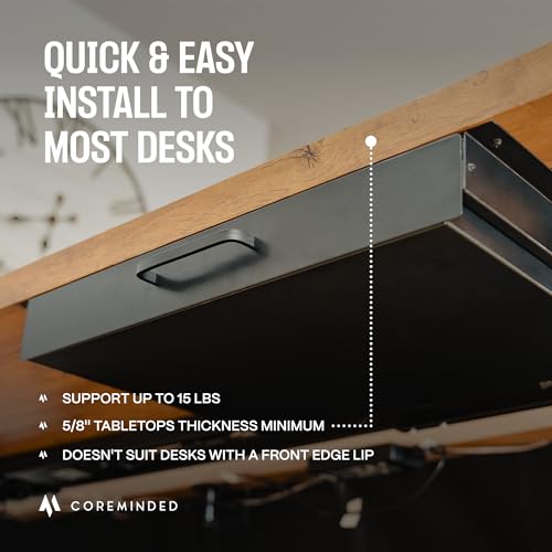 COREMINDED Storage Drawer - Carbon Steel Underdesk Drawer Slide Out, 17.7 x 12 x 4 in, Matte Black - Premium Quality, Ergonomic Organization, Cable Management, Versatile Sizes, Luxe Extras
