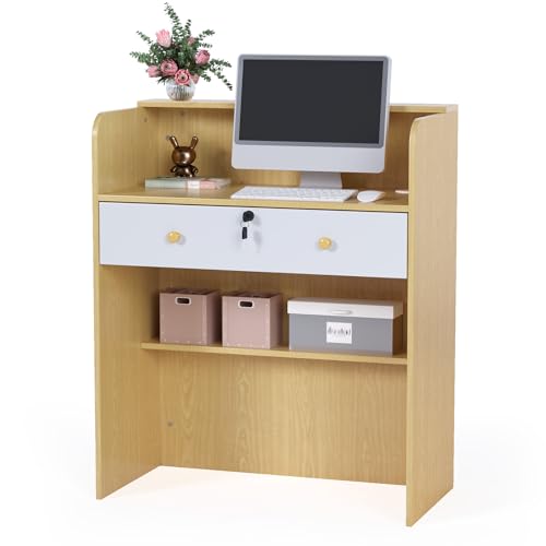 OmySalon Reception Desk with Counter, Small Front Desk w/Lockable Drawer, Wooden Modern Reception Table for Salon Lobby Office Home (Original Wood, 32)