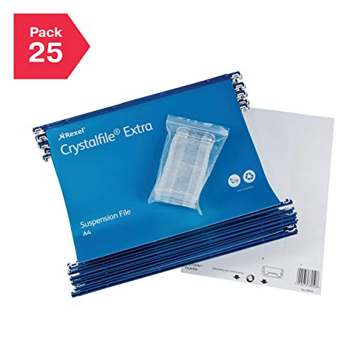 Rexel A4 Heavy Duty Suspension Files with Tabs and Inserts for Filing Cabinets, 15 mm V Base, Polypropylene, Blue, Crystalfile Extra, Pack of 25, 70636