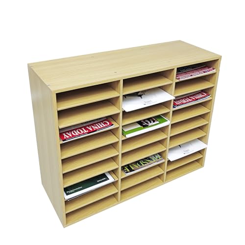 FixtureDisplays® 29.5 X 23.6 X 11.2" Wood Adjustable Literature Organizer, 27 Compartment Mailslot Organizer, Removable Shelves, Stackable 18818-OAK