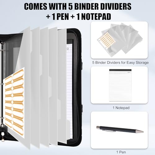 NATISERAUM Portfolio Binder 3 Ring Includes Pen and 5 Dividers with 10 Pockets, Padfolio with Magnetic Handle for Men and Women, Includes A4 Notepad for Business, School, Work Black