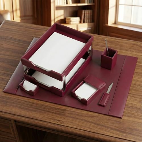 Dacasso Burgundy Bonded Leather Luxury 8-Piece Desk Accessory Set - Blotter Pad & Desk Organization Essentials - Executive Decor and Surface Protector