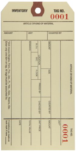 Box USA Inventory Tags with Numbered Tear-Off Stub, 8 6 1/4" x 3 1/8", Series (000-0999), Manila, for Inventory Management, Case of 1000, (G18011)