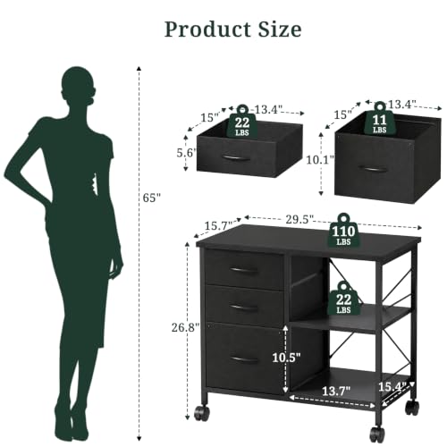 3-Drawer Lateral File Cabinet, Printer Stand with Open Shelves, Black