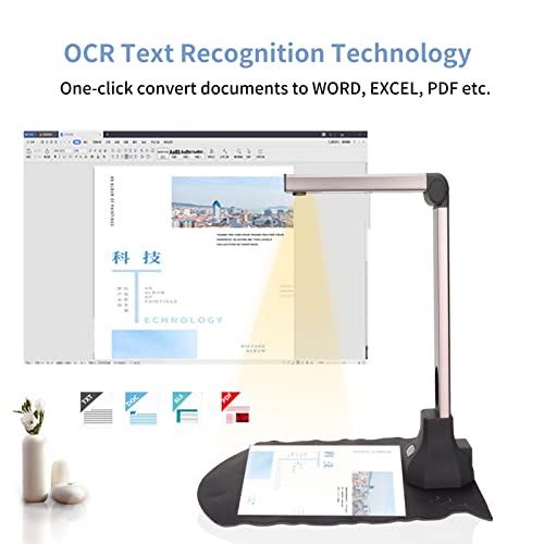 Document Camera, 12MP Book Document Scanner with OCR, Auto-Flatten & Deskew, Capture, Auto Focusing, Portable USB Document Scanner Support Convert to PDF, Word, Excel,TXT