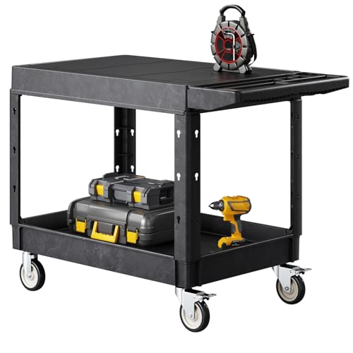 VEVOR Utility Cart, 550 lbs Load Capacity, 37 x 25.4-inch Service Cart, Two-Shelf Heavy Duty Plastic Utility Cart with 360° Swivel Wheels (2 with Brakes), Suitable for Warehouse, Garage, Cleaning