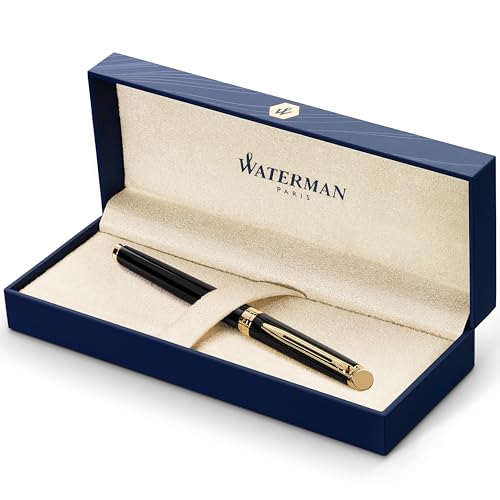 Waterman Hémisphère Fountain Pen Black with Gold Trim Medium Nib Blue Ink Gift Box