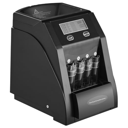 4-in-1 USD Coin Sorter Counter Machine with LCD Display Holds 200 Coins, Auto Wrapper Filling, 4 Storage Tubes and Boxes for Cashier Office Use