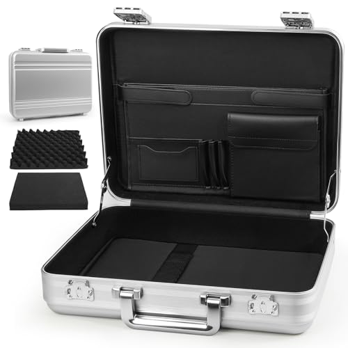 urecimy Small Aluminum Briefcase 14.5X10.6X4.5 Inch Metal Toolbox Cash Case 14 Inch Notebook Briefcase Slim for Men Silver Attache Case