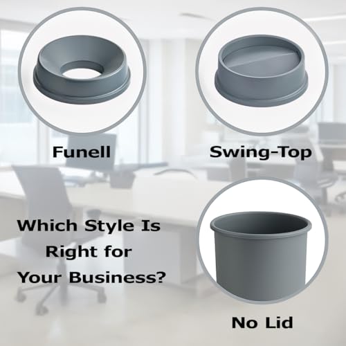22 Gallon Round Gray Commercial Trash Can with Swing-Top Lid - Hands-Free Polyethylene Wastebasket for Office, School, Facility, and Commercial Use - Dent & Crack Resistant