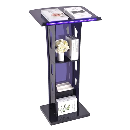 Acrylic Podium Stand with Led Light, Clear Podium with Storage Shelf, Portable Lecterns Pulpit for Church Wedding Classroom Conference Floor Standing Style, Slanted Top