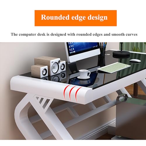 Modern Office Desk with Glass Top & Z-Shaped Metal Frame, Tempered Glass Computer Desk, Sturdy Writing Desk Table Study Desk, Gaming Desk Computer Desk for Home Office Workstation(Black+black,80*60*75