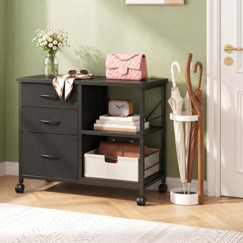 3-Drawer Lateral File Cabinet, Printer Stand with Open Shelves, Black