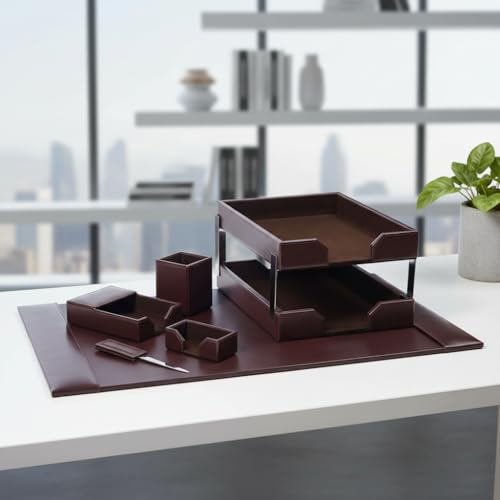 Dacasso Dark Brown Bonded Leather 8-Piece Desk Accessory Set - Organization Essentials & Executive Decor - Luxury Leather Blotter for Office Organization