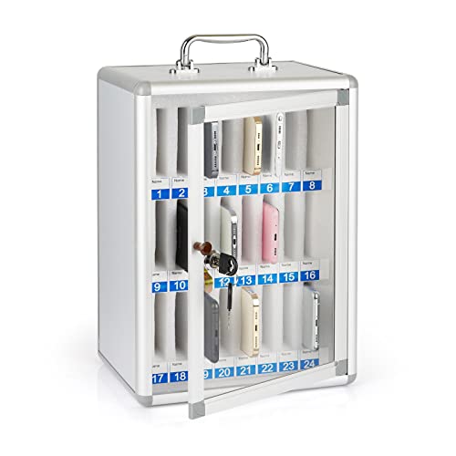 Aluminum Alloy Pocket Chart Cell Phones Storage Cabinet for Cell Phones,Wall-Mounted with a Locked,Can be Carried by Hand (Silver 24 Slots)
