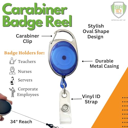 Bulk 100 Pack - Premium Carabiner Clip Badge Reels - Retractable I.D. Card Holders with Carabiner Belt Loop Clip and ID Strap - Cute Heavy Duty Oval Shaped Badge Holders with Smooth Cord Pull (Blue)