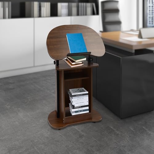Lectern Podium Stand, Mobile Height Adjustable Church Classroom Lecture, Standing Laptop Cart, Portable Presentation Concert Teacher Rolling Podium (Brown)