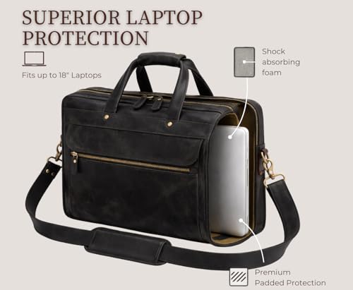 Black Leather Messenger Bag for Men, Genuine Leather Briefcase Fits 15 Inch Work Satchel for Office, Business, and Travel Use