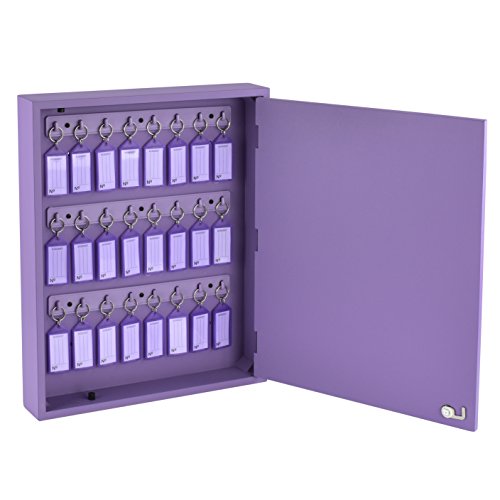 Acrimet 24-Key Cabinet with Lock, Wall Mount Wooden Key Organizer, Security Key Storage Box (24 Positions) with Numbered Hooks & Clear Purple Key Tags – Commercial & Home Use (Purple)
