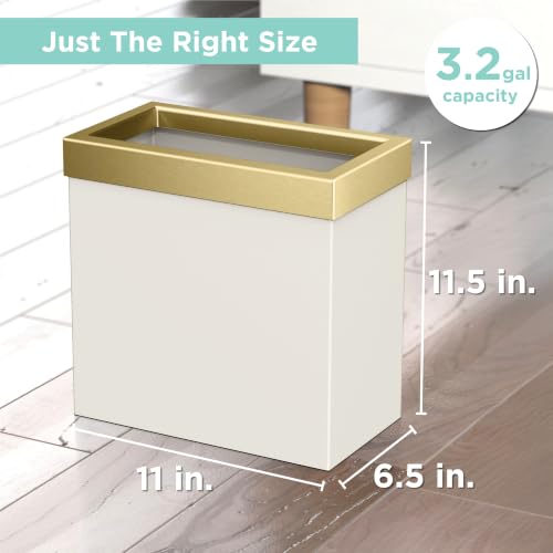 Gatco Modern Rectangle Wastebasket, Matte Pearl and Brushed Brass Combo - Stainless Steel Trash Can with Removable Lid, Leakproof, 3 Gallon Capacity for Bathroom, Bedroom, Kitchen, or Office