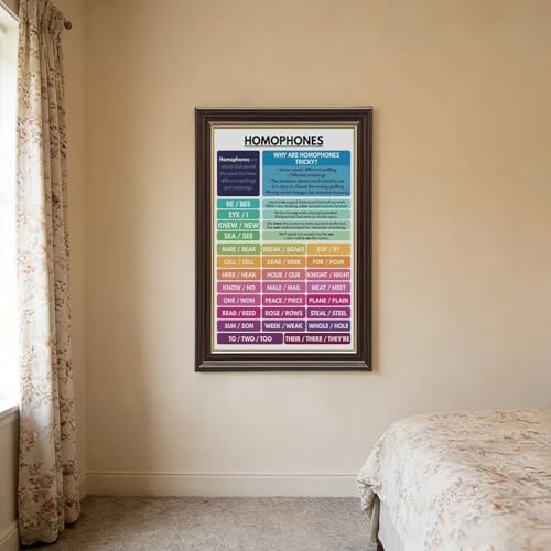 HOMOPHONES POSTER English Language Grammar Chart Correct Spelling Homeschool Classroom Resource Educational Poster 3 Canvas for Elementary Middle School Classroom Education Hanging Frame 24"L X 36"W