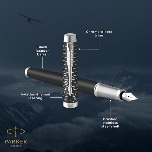 Parker IM Premium Fountain Pen | Legacy of Flight Collection | Chrome Trim | Fine Nib with Blue Ink Refill | Gift Box