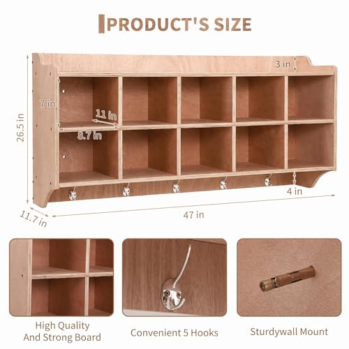 OUTLANE 10 Cubbies Storage Organiser,47" Width Daycare Shelves Shoe Rack with Hooks and Shelf, Wall-Mounted, Heavy-Duty Plywood Daycare Furniture for Children’s Toys and Classrooms