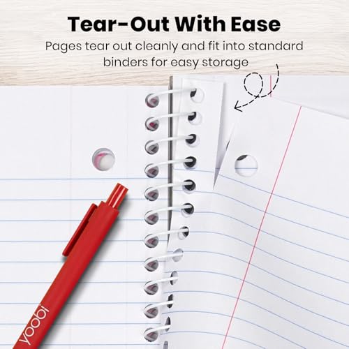 Yoobi College Ruled 8 x 10.5” Spiral Notebook Set – Bulk 6-Pack of 1 Subject Notebooks – Perfect Addition – 100 Perforated 3-Hole Punched Sheets, For School, Office & Home