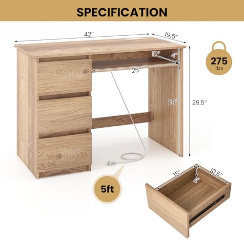 Tangkula Computer Desk with 3 Storage Drawers & Built-in Charging Station, Home Office Desk with Keyboard Tray, PC Desk Study Writing Desk, Vanity Table for Bedroom, Computer Workstation (Natural)