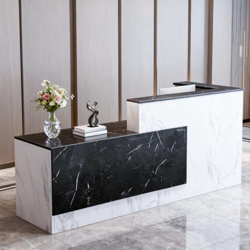 Yorkgargen L-Shaped Large Wooden Reception Desk, Modern Front Desk Reception Counter with Lockable Drawers & Storage & Keyboard Tray, for Checkout, Lobby (Left-Black/White, 71''L x 42''W x 41''H)