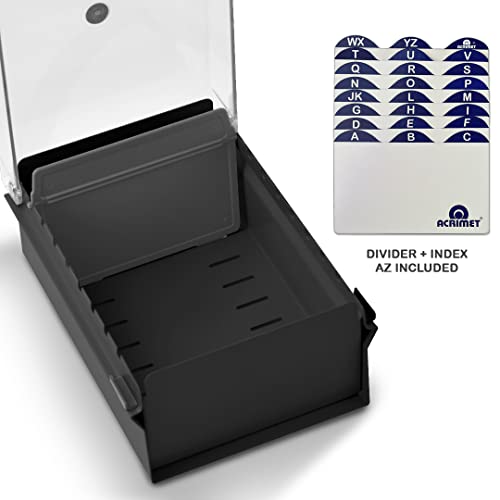 Acrimet 3 x 5 Card File Holder Organizer Box Metal Base Heavy Duty (AZ Index Cards and Divider Included) (Black Color with Clear Crystal Plastic Lid Cover)