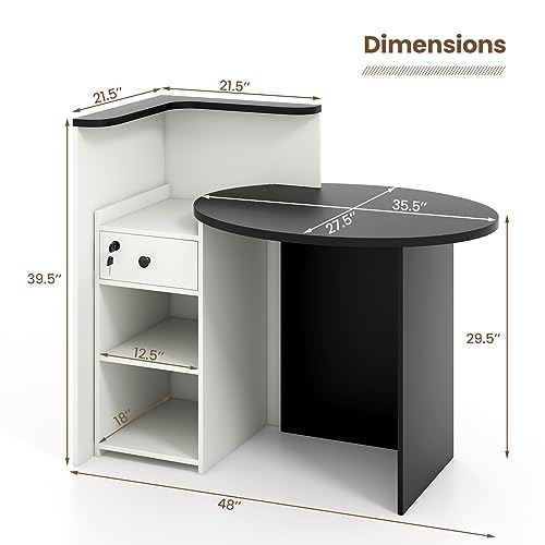 Reception Desk, Retail Counter Desk with Lockable Drawer, 3-Level Adjustable Shelf & Oval Desktop, Checkout Front Counter, L-Shaped Office Desk for Company, Lobby & Store