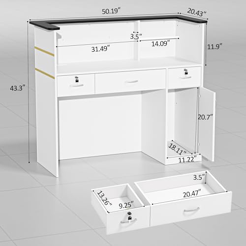 AHB Reception Desk with LED Light, Modern Front Desk with Counter, 50 Inch Retail Counter with Lockable Drawers for Office,Beauty Salon,Lobby,Checkout,Clinic, Retail,Reception Room