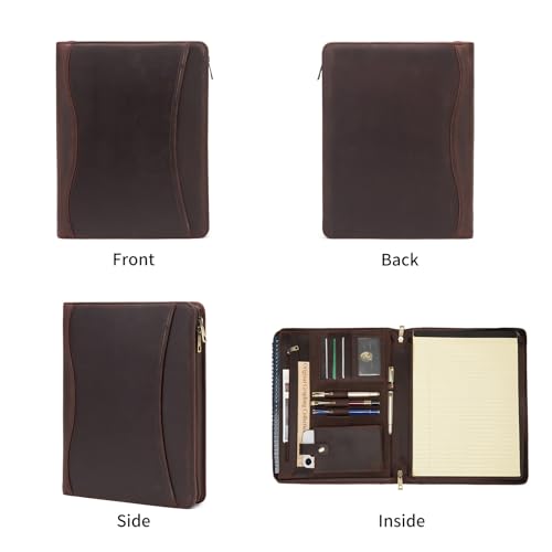 YIWEN Handmade Leather Zippered Business Portfolio with Front Pocket