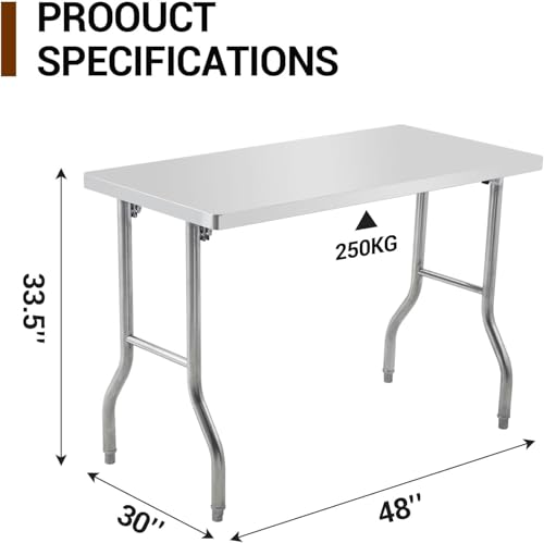 Attracoast 48" Commercial Worktable Workstation, Stainless Steel Folding Table with Metal Adjusting Foot for Kitchen,48 * 30 * 33.5inch
