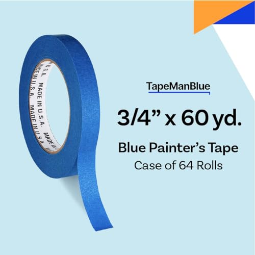 TapeManBlue Blue Painters Tape 3/4 inch x 60 Yards - Case of 64 Rolls, Made in America, Clean Removal, UV-Resistant Blue Painters Masking Tape in Bulk (0.75" x 180')