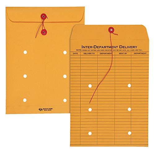 Quality Park 9 x 12 Interoffice Envelopes, 100 Pack, Inter Office Routing Envelopes with String & Button Closure, 28 lb Brown Kraft, Reusable Document Mailers
