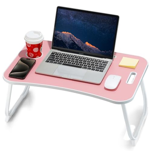 ZEAPTAC Laptop Bed Desk, Foldable Lap Desk, Portable Lap Table, Laptop Stand with Cup Holder, Tablet Slot & Lifting Handle for Work, Write, Draw & Eat on Bed, Sofa or Couch - Pink