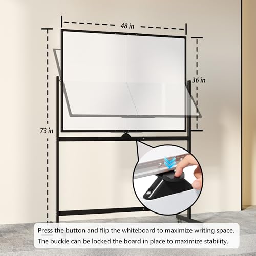 Large Rolling Whiteboard on Wheels, 48" x 36" Double-Sided Mobile White Board with Stand, 4' x 3' Portable Standing Magnetic Dry Erase Board Easel for Home Office Classroom School, Black