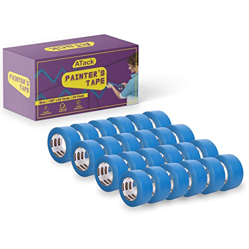 ATack Blue Painters Tape 2 Inch Wide Bulk 24-Pack 4320ft Total Residue-Free UV-Resistant Blue Masking Tape 2 Inch Wide for Walls, Indoor, Outdoor Home Painting Supplies (1.88-Inch x 180-Feet)
