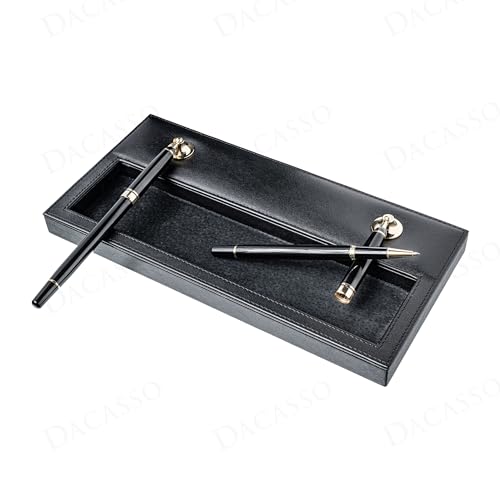 Dacasso Classic Black Leather Double Pen Stand w/Gold Accents - Luxury Executive Decor and Office Desk Surface Protector