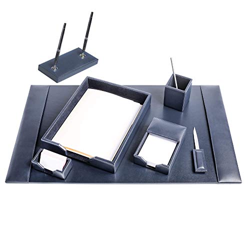 Dacasso Bonded Set Luxury Leather Desk Pad & Desk Organization Essentials, 7 Piece, Navy Blue