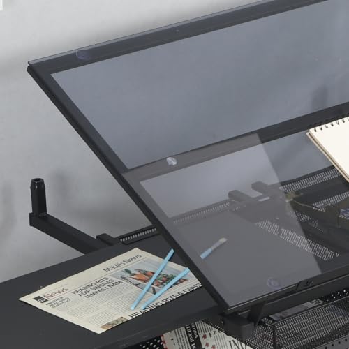 Japovker Adjustable Height Drafting Table with Storage Drawers & Stool for Adults, Glass Art Desk with Side Storage Strips, Drawing Table with Tilted Tabletop for Art Office Study (Black+Glass A)