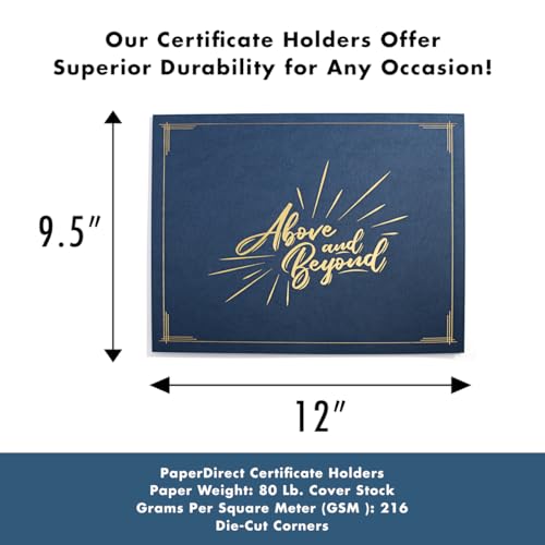 PaperDirect Above and Beyond Certificate Jackets, 9 Inches x 12 Inches Folded, Blue with Gold Foil, Certificate Cover for School, Work, Diplomas, Graduation & Awards, Certificate Holder, 50 Count