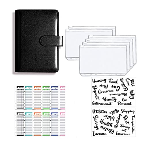 A6 Glitter PU Leather Binder Budget Envelope Planner Organizer System with Clear Zipper Pockets Expense Sheets(6)