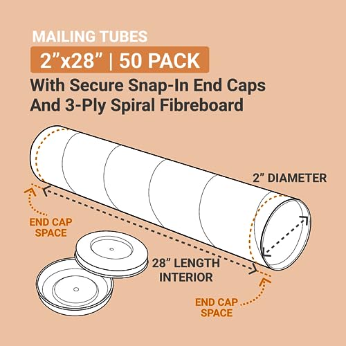 BOX USA Cardboard Tubes with Caps, 18"L x 2"W x 2"H, Pack of 50 | Poster Tube for Mailing and Storage of Blueprints, Artwork, Crafts, Long Art Holder, 18 inches